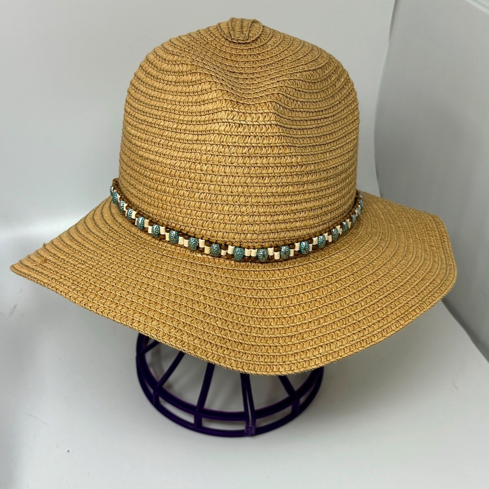 Lulla Collection Womens One Size Woven Paper Hat Beaded Band Natural Beige Beads